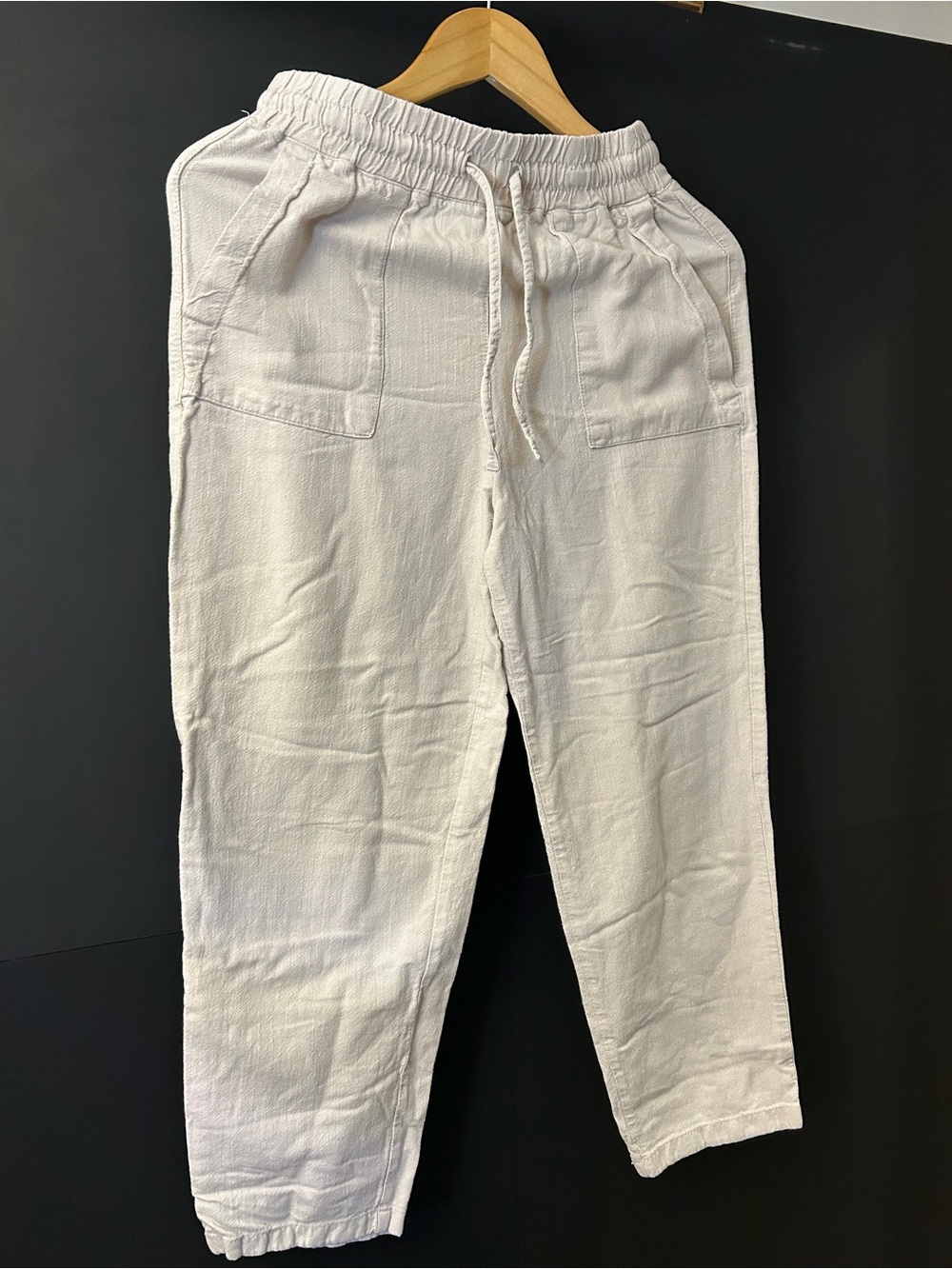 Light Beige Drawstring Linen-Blend Pants - Picture 4 of 5